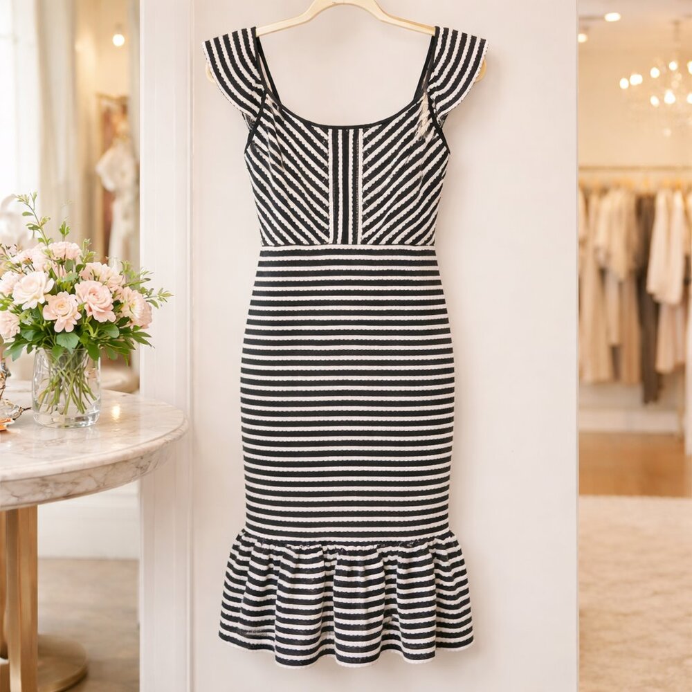 BCBGMAXAZRIA NWOT Striped Scalloped Knit Ruffle Open-Back Sheath Dress - Picture 4 of 12